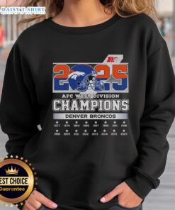 Denver Broncos sweatshirt celebrating the 2025 AFC West Division Champions with team colors and logo.