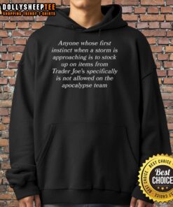 Cozy hoodie featuring 'Stock Up Items from Trader Joe's' design for storm preparedness enthusiasts.
