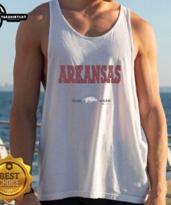 Original Arkansas Razorbacks football performance tank top by Russell Athletic in red with team logo and breathable design.