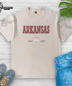 Original Arkansas Razorbacks football performance team wear Russell Athletic washed t-shirt in red with logo design.