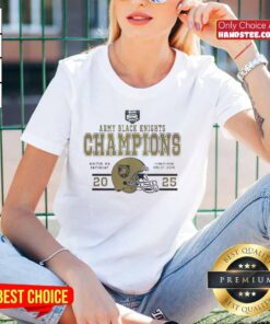 Alt Text: Original Army Black Knights Football 2025 Wasabi Fenway Bowl Champions helmet on a ladies tee shirt display.