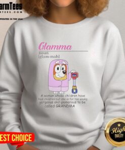 Original Bluey Glamma sweatshirt featuring a stylish woman, celebrating young grandparenthood with vibrant colors.
