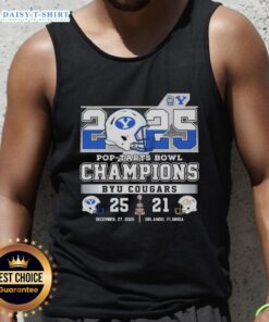 Alt Text: Original BYU Cougars 2025 Pop Tarts Bowl Champions tank top featuring the score 25-21, perfect for fans.