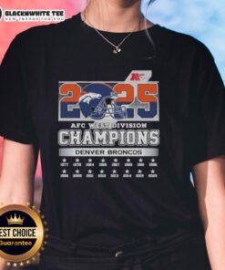 Alt Text: Original Denver Broncos 2025 AFC West Division Champions helmet graphic on a ladies tee, perfect for fans.