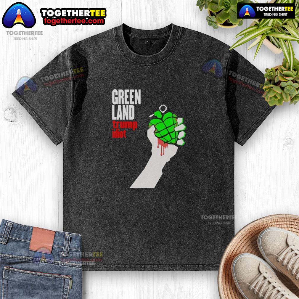 Original Greenland Green Day Parody Trump Idiot Washed T Shirt Alt Text: Original Greenland Green Day parody shirt featuring Trump with the slogan Idiot Washed in bold graphic design.