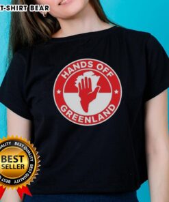 Original Greenland Hands Off logo on a stylish ladies tee, showcasing a trendy design for eco-conscious fashion.