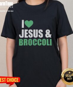 Original I Love Jesus and Broccoli ladies tee featuring a fun graphic design, perfect for casual wear and faith lovers.