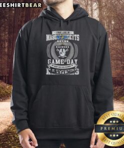 Alt Text: Cozy hoodie featuring I May Live In Massachusetts But On Game Day, My Heart Belongs To Las Vegas Raiders design.