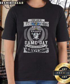 Original ladies tee featuring 'I May Live In Massachusetts, But My Heart Belongs To Las Vegas Raiders' design.