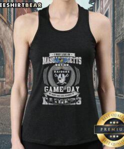 Tank top featuring 'I May Live In Massachusetts But My Heart Belongs To Las Vegas Raiders' design, perfect for game day.