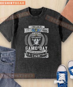Alt Text: Washed t-shirt featuring 'I May Live In Massachusetts, But My Heart Belongs To Las Vegas Raiders' design.