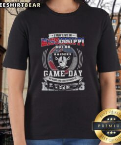Lady wearing 'I May Live In Mississippi But On Game Day My Heart Belongs To Las Vegas Raiders' tee, cheering for Raiders.