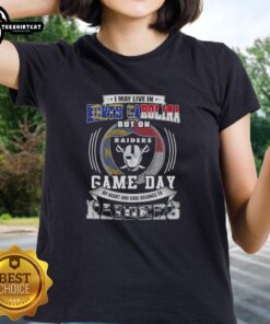 Women's tee featuring 'I May Live in North Carolina, But My Heart Belongs to Las Vegas Raiders' design.