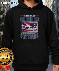 Alt Text: Cozy hoodie with I May Live In Ohio But On Gameday My Heart Belongs To New England Patriots design.