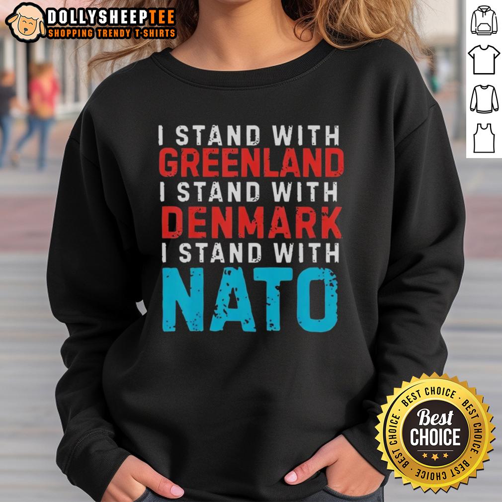 Original I Stand With Greenland Denmark Nato Sweatshirt Original I Stand With Greenland Denmark NATO sweatshirt featuring bold text design on a navy background.