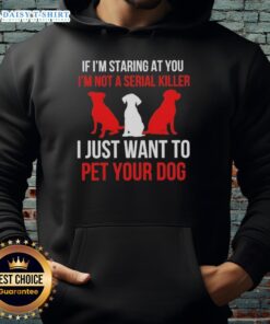 Alt Text: Original hoodie with 'If I'm staring at you, I'm not a serial killer, I just want to pet your dog' graphic design.