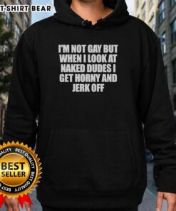 Alt Text: Original 'I'm Not Gay But Naked Dudes Get Me Horny' hoodie in black, featuring a bold humorous graphic design.