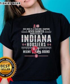 Alt Text: Original Indiana Hoosiers 2026 Chick-fil-A Peach Bowl Champions tee, celebrating an undefeated 15-0 season for ladies.