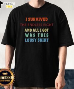 Original 'I Survived The Endless Eight' T-shirt featuring bold text and a unique design for anime fans.