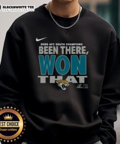 Original Jacksonville Jaguars 2025 AFC South Champions sweatshirt in black with team logo and championship details.