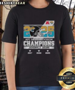 2025 Jacksonville Jaguars AFC South Division Champions small helmet ladies tee featuring team colors and logo.