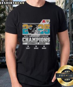 Original Jacksonville Jaguars AFC South Division Champions 2025 small helmet T-shirt design featuring team colors and logo.