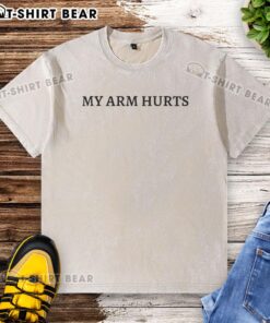 Alt Text: Original Jimmy Herget 'My Arm Hurts' washed t-shirt featuring a bold graphic design, perfect for fans and casual wear.