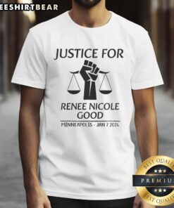 Alt Text: Original Justice For Renee Nicole Good T-Shirt from Minneapolis, Jan 7, 2026, featuring bold text and vibrant design.