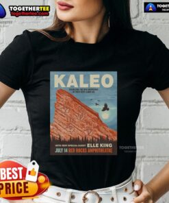 Original Kaleo Red Rocks 2026 concert poster on a ladies tee, featuring vibrant graphics and band logo.