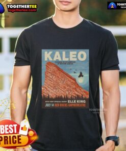 Alt Text: Original Kaleo Red Rocks 7.14.2026 Poster T-Shirt featuring vibrant design and band logo, perfect for music fans.