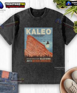 Original Kaleo Red Rocks 2026 poster on a washed t-shirt, featuring vibrant colors and bold artwork for music fans.