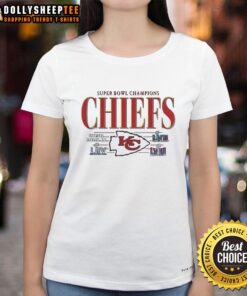 Original Kansas City Chiefs Super Bowl Champions IV, LIV, LVII, LVIII ladies tee featuring team colors and logo.