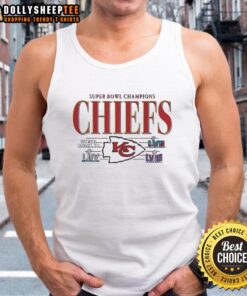Original Kansas City Chiefs Super Bowl Champions IV LIIV LVII LVIII tank top featuring team colors and logo.