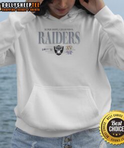 Original Las Vegas Raiders Super Bowl Champions hoodie featuring titles XI, XV, and XVIII in bold team colors.