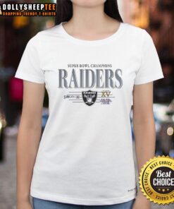 Alt Text: Original Las Vegas Raiders Super Bowl Champions XI XV XVIII ladies tee featuring team logo and championship years.