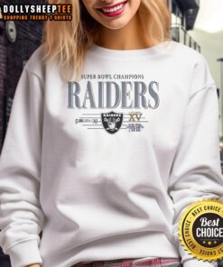 Original Las Vegas Raiders Super Bowl Champions XI XV XVIII sweatshirt featuring bold team logos and championship details.