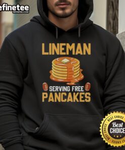 Original Lineman serving free pancakes while wearing a hoodie, promoting community spirit and delicious breakfast treats.