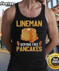 Original Lineman serving free pancakes while wearing a tank top at a community event.