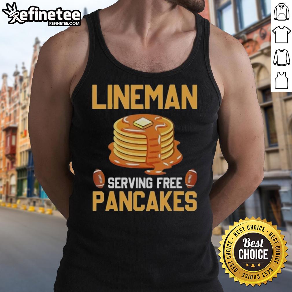 original-lineman-serving-free-pancakes-tank-top Original Lineman serving free pancakes while wearing a tank top at a community event.