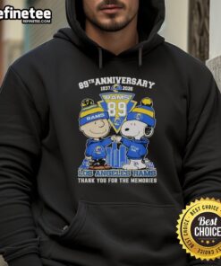 Original Los Angeles Rams outfit featuring Snoopy and Charlie Brown hoodie for the 89th anniversary, 1937-2026.