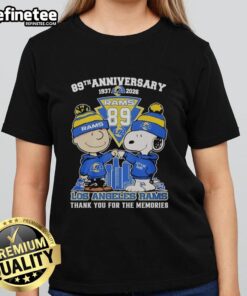 Alt Text: Original Los Angeles Rams outfit featuring Snoopy and Charlie Brown for the 89th Anniversary Ladies Tee 1937-2026.