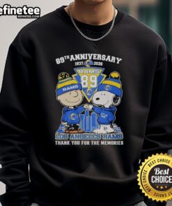 Alt Text: Original Los Angeles Rams outfit featuring Snoopy and Charlie Brown on a 89th Anniversary sweatshirt, 1937-2026.