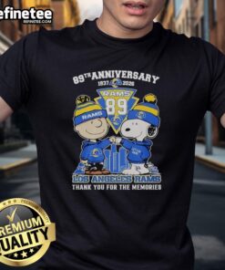 Original Los Angeles Rams outfit featuring Snoopy and Charlie Brown 89th Anniversary T-shirt, celebrating 1937-2026.