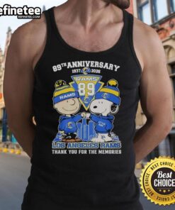 Alt Text: Original Los Angeles Rams outfit featuring Snoopy and Charlie Brown tank top for 89th anniversary 1937-2026.