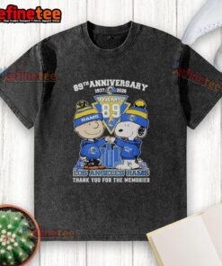 Alt Text: Original Los Angeles Rams outfit featuring Snoopy and Charlie Brown on a washed t-shirt for their 89th anniversary.