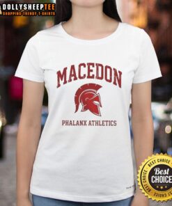 Original Macedon Phalanx Athletics Spartan Helmet Logo on Ladies Tee shirt, showcasing athletic pride and style.