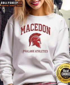 Original Macedon Phalanx Athletics Spartan Helmet logo on a stylish sweatshirt, perfect for athletic wear enthusiasts.