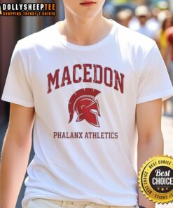 Original Macedon Phalanx Athletics Spartan Helmet Logo T-Shirt featuring a bold Spartan helmet design on a stylish tee.