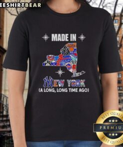 Original Made in New York logo mashup on a ladies tee, showcasing team spirit and vintage style.