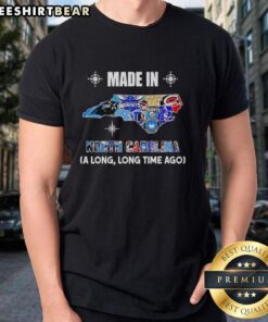 Original Made In North Carolina A Long Long Time Ago state mashup logo on a stylish teams T-shirt design.
